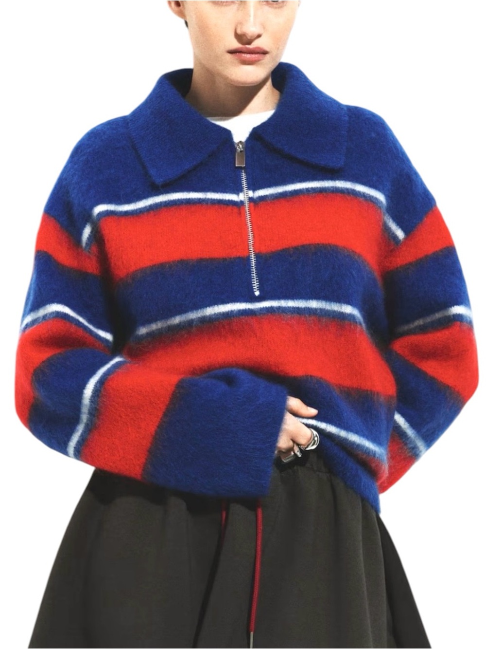 H&M Edition Mohair Wool Striped Half-Zip Sweater Size Medium Blue Red Prep NWT